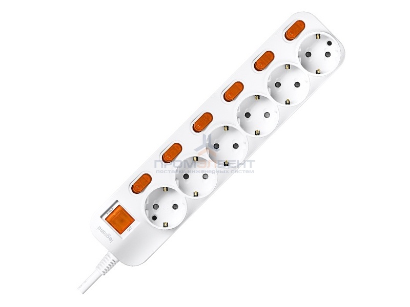 Anam Legrand e-Fren 6 Удлинитель с выключателем+ индивидуальным выкл.,шнур 2.5м, 16A, 250V